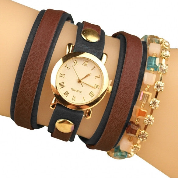 Fashion Wrap Around Rhinestone Chain Synthetic Leather Bracelet Quartz Wrist Watch - Oh Yours Fashion - 7