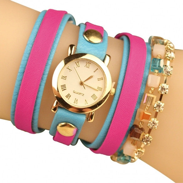 Fashion Wrap Around Rhinestone Chain Synthetic Leather Bracelet Quartz Wrist Watch - Oh Yours Fashion - 1