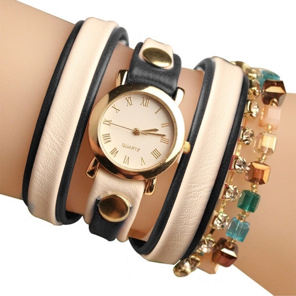 Fashion Wrap Around Rhinestone Chain Synthetic Leather Bracelet Quartz Wrist Watch - Oh Yours Fashion - 5