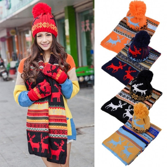 Stylish New Women's Ladies Sweet Deer Pattern Winter Warm Thickening Knitted Long Scarf Shawl + Ski Hat Set - Oh Yours Fashion - 1