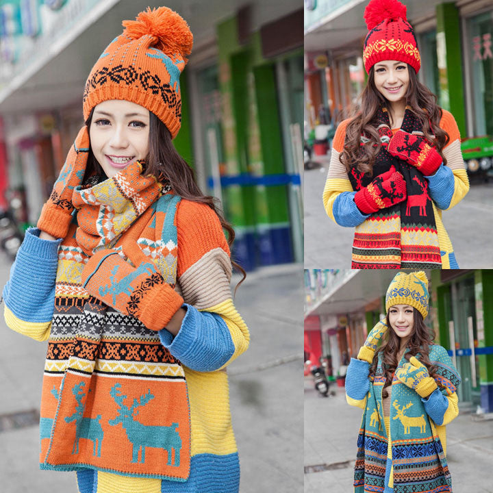 Stylish New Women's Ladies Sweet Deer Pattern Winter Warm Thickening Knitted Long Scarf Shawl + Ski Hat Set - Oh Yours Fashion - 3