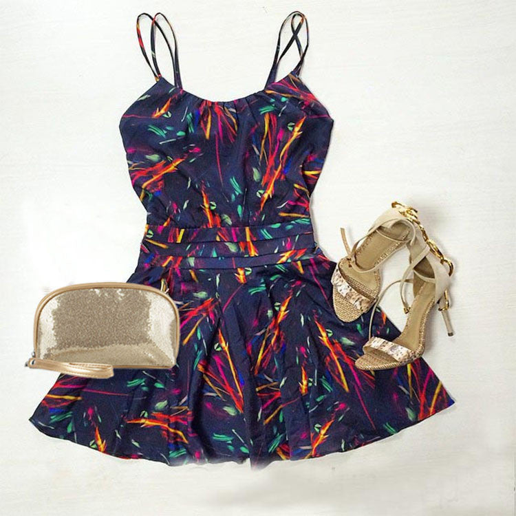 High Waist Strap Print A-Line Mini Dress - O Yours Fashion - 1