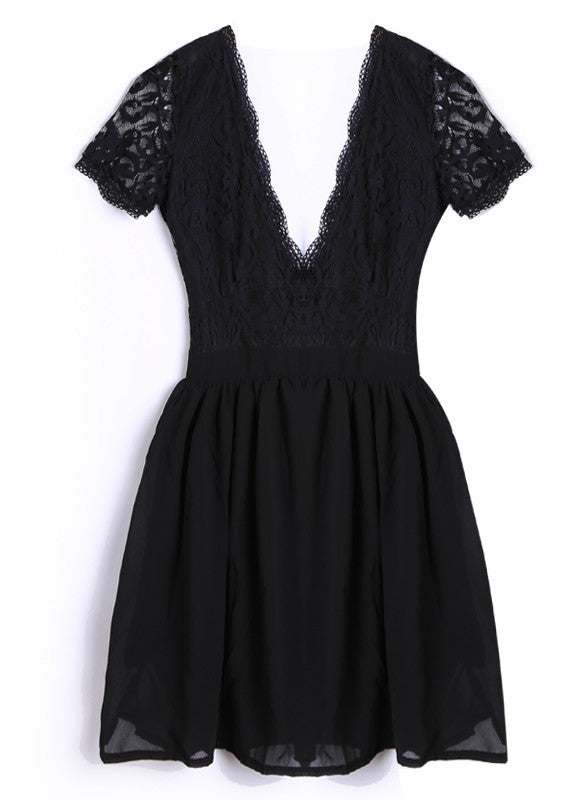 Deep V-neck V-back Backless Lace Little Black Dress - OhYoursFashion - 6