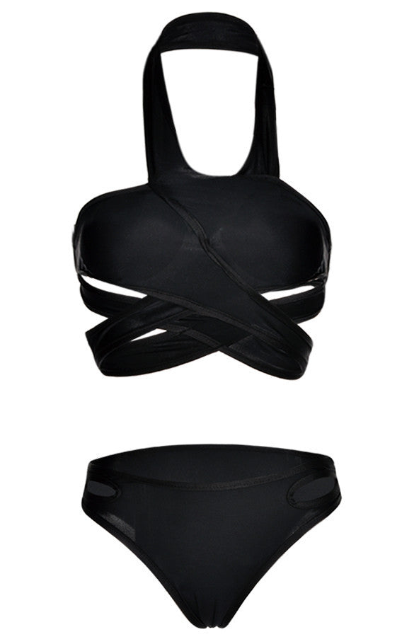 Pad Cross Bandage Low Waist Hollow Out Bikini Swimwear - OhYoursFashion - 3