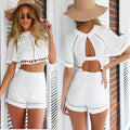 Short Sleeve Hollow Out Crop Top High Waist Slim Shorts Two Piece Set - OhYoursFashion - 1