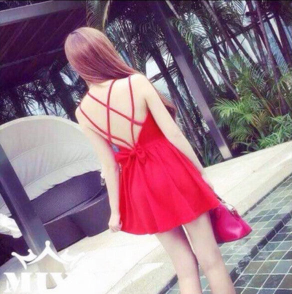 Backless Bow Tie Solid A-Line Strap Mini Dress - O Yours Fashion - 10