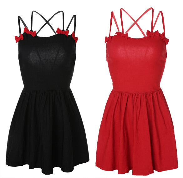 Backless Bow Tie Solid A-Line Strap Mini Dress - O Yours Fashion - 4