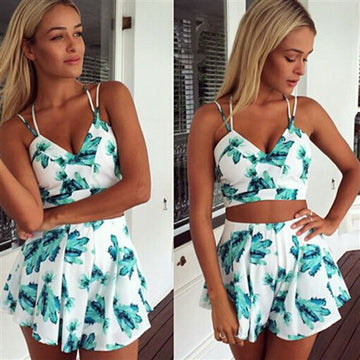 Backless Print Two Pieces Top Shorts Set Dress Suits - Oh Yours Fashion - 1