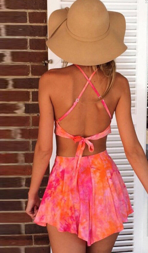 Cross Back Backless Crop Top with Shorts Two Pieces Dress Set - Oh Yours Fashion - 4