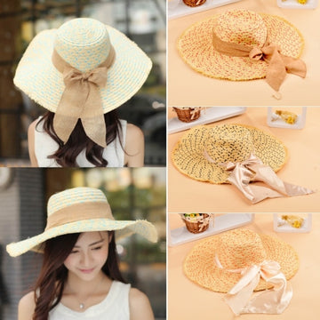 Women Bowknot Hat Wide Large Brim Girl Summer Beach Sun Straw Weave Casual Sun Hat - Oh Yours Fashion - 1
