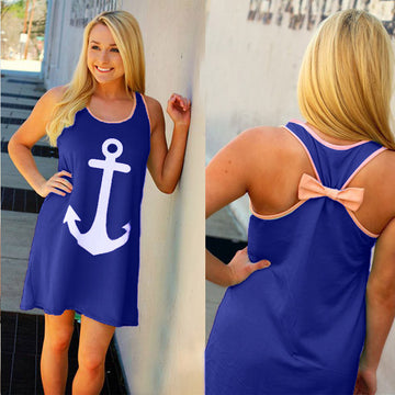 Anchor Print Back Bowknot Mini Dress - O Yours Fashion - 1