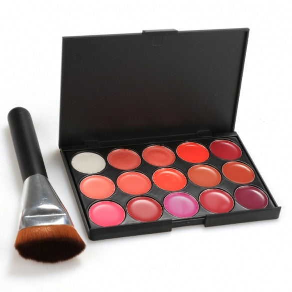 Hot 15 Color Lip Gloss Makeup Cosmetics Glossy Lip Make Up Palette + Brush Set - Oh Yours Fashion