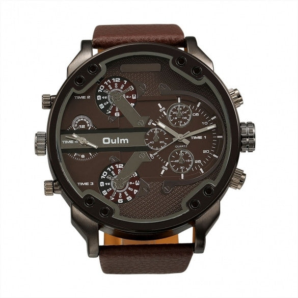 OULM Fashion Oversized Dual Dial Display Time Chronograph PU Leather Band Men's Watch - Oh Yours Fashion - 1