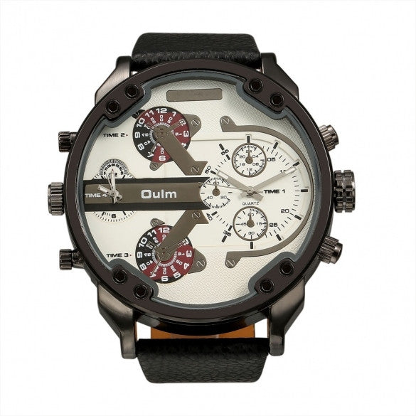OULM Fashion Oversized Dual Dial Display Time Chronograph PU Leather Band Men's Watch - Oh Yours Fashion - 5