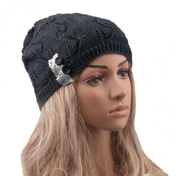 New Stylish Ladies Women Wool Button Lace Patchwork Knitted Warm Hat - Oh Yours Fashion - 4
