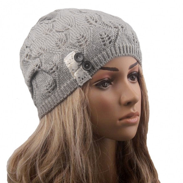 New Stylish Ladies Women Wool Button Lace Patchwork Knitted Warm Hat - Oh Yours Fashion - 6
