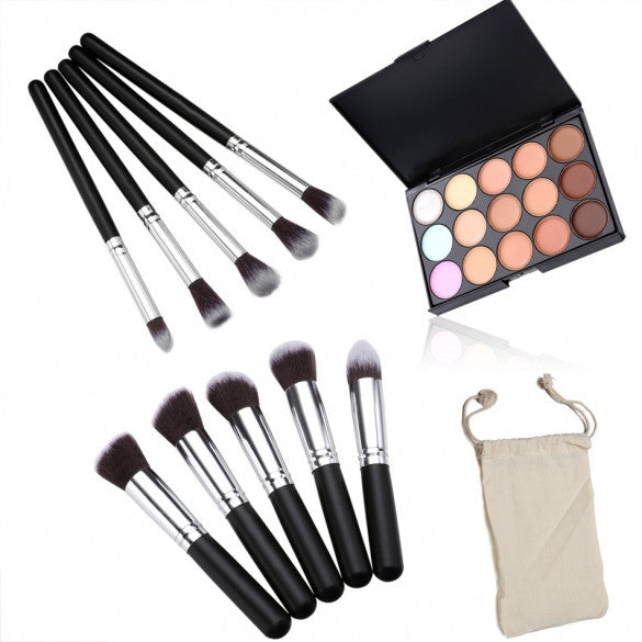 Professional 15 Colors Makeup Face Cream Concealer Palette + 10 PCS Cosmetic Brushes Kit Set - Oh Yours Fashion - 1