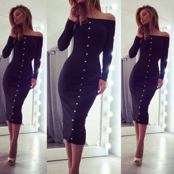 Off Shoulder Long Sleeve Button Bodycon Knee-length Dress - OhYoursFashion - 1