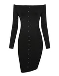 Off Shoulder Long Sleeve Button Bodycon Knee-length Dress - OhYoursFashion - 3