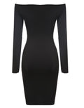 Off Shoulder Long Sleeve Button Bodycon Knee-length Dress - OhYoursFashion - 4