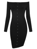 Off Shoulder Long Sleeve Button Bodycon Knee-length Dress - OhYoursFashion - 7