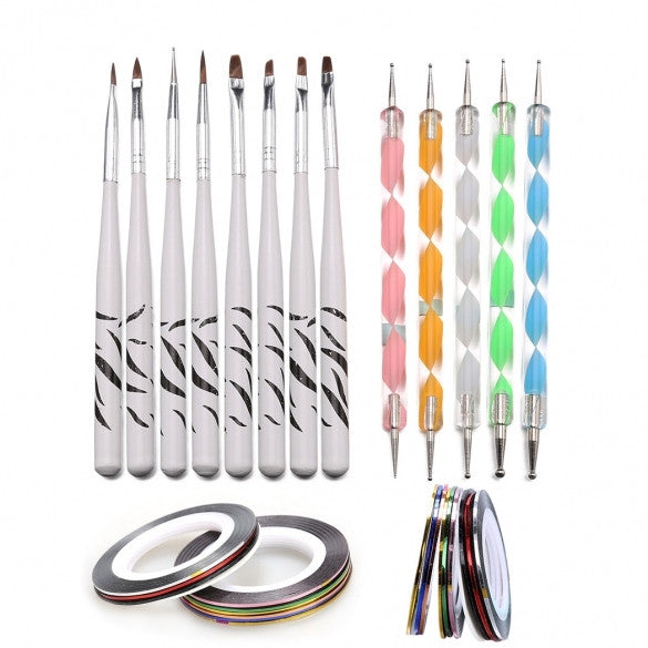 5PCS 2way Dotting Pen Marbleizing Tool + 8PCS Nail Art Brush + 10PCS Nail Striping Tape Tool Kit Set - Oh Yours Fashion - 1