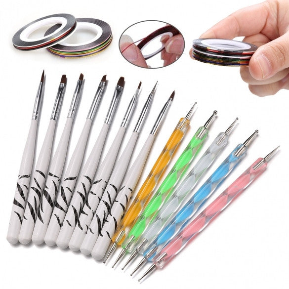 5PCS 2way Dotting Pen Marbleizing Tool + 8PCS Nail Art Brush + 10PCS Nail Striping Tape Tool Kit Set - Oh Yours Fashion - 2