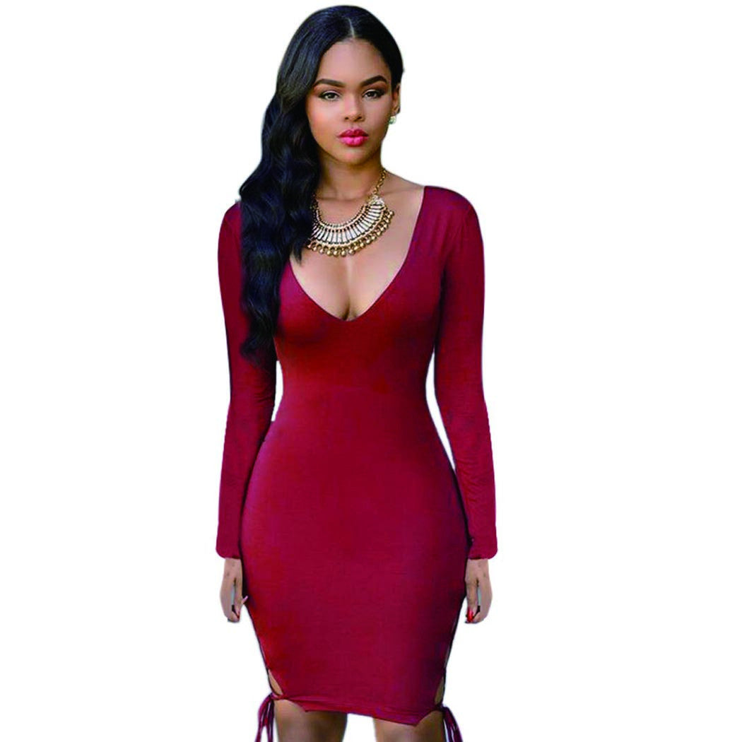 Deep V-neck Hollow Out Bandage Package Hip Short Dress Clubwear - OhYoursFashion - 3