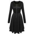 Long Sleeves Zipper High Waist Pleated Little Black Dress - OhYoursFashion - 3