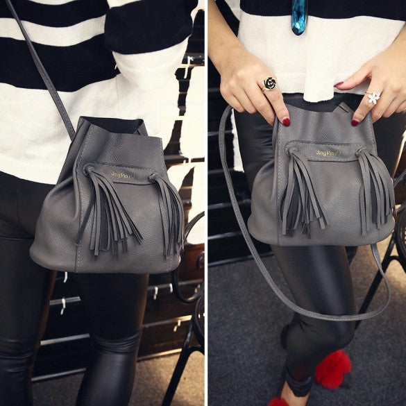 Fashion Women Soft Shoulder Bag Drawstring Bucket Bag With Tassel - Oh Yours Fashion - 3