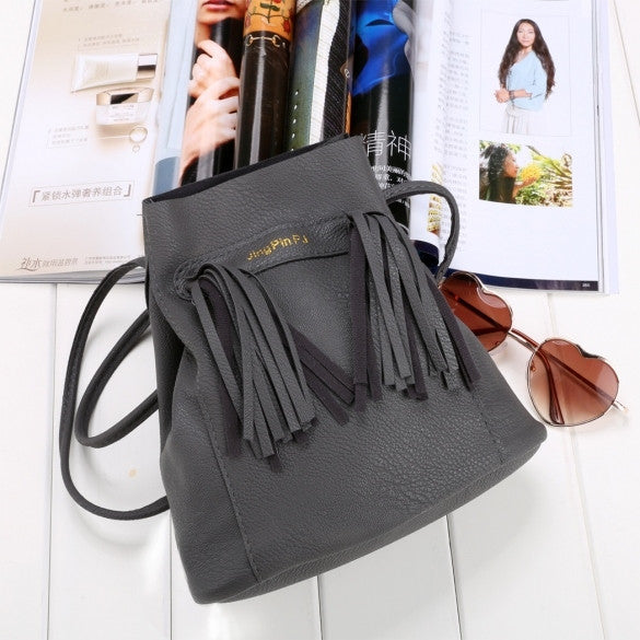 Fashion Women Soft Shoulder Bag Drawstring Bucket Bag With Tassel - Oh Yours Fashion - 6
