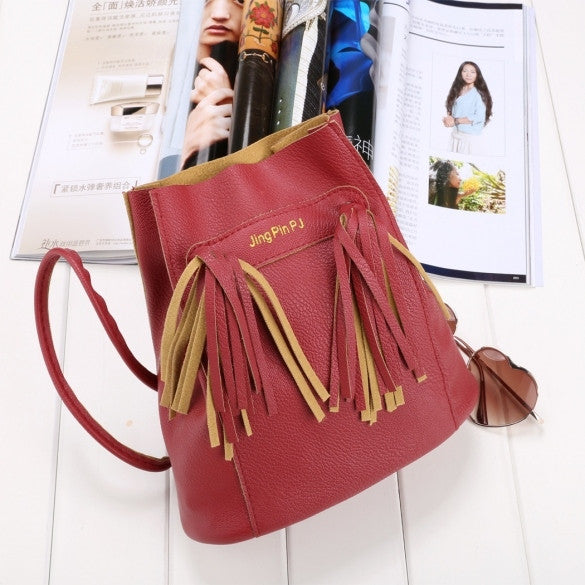 Fashion Women Soft Shoulder Bag Drawstring Bucket Bag With Tassel - Oh Yours Fashion - 8