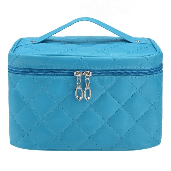 Women Portable Travel Zipper Plaid Cosmetic Makeup Bag Toiletry Case With Mirror - Oh Yours Fashion - 3