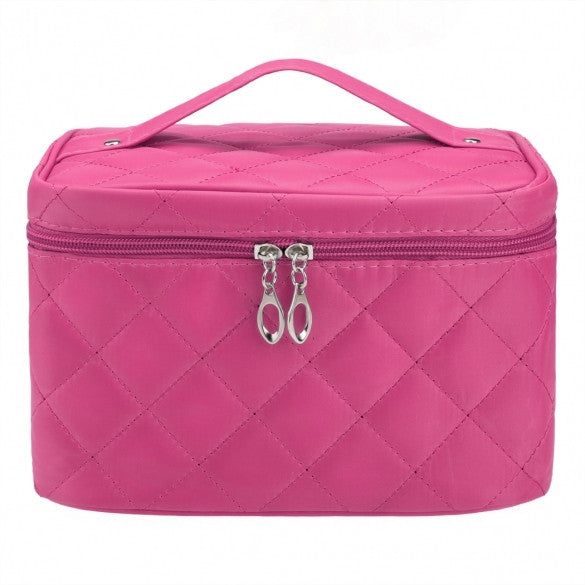 Women Portable Travel Zipper Plaid Cosmetic Makeup Bag Toiletry Case With Mirror - Oh Yours Fashion - 6