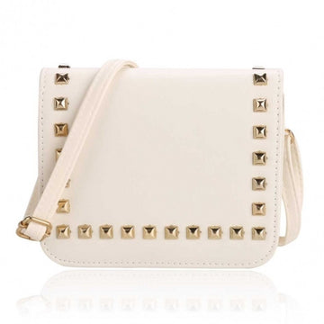 New Women Synthetic Leather Messenger Bag Rivets Decor Flap Hard Casual Party Shoulder Bag - Oh Yours Fashion - 1