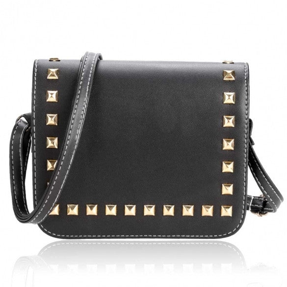 New Women Synthetic Leather Messenger Bag Rivets Decor Flap Hard Casual Party Shoulder Bag - Oh Yours Fashion - 1