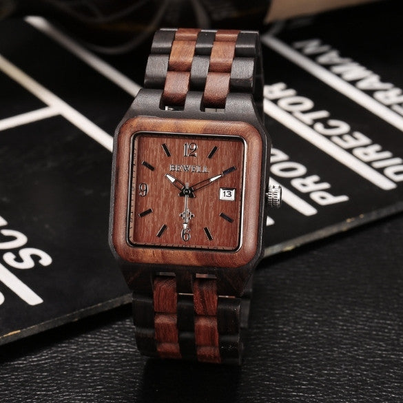 Men's Casual Wood Square Dial Quartz Watch Wristwatch With Auto Date - Oh Yours Fashion - 1