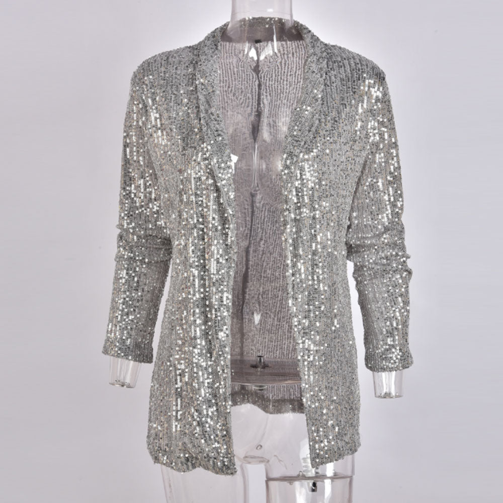 Sequins Long Sleeved Blazers Fashion Women Shiny Party Blazer Coat Silver Casual Long Sleeve Blazer Jacket