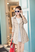 Lace Patchwork Turn-down Collar Slim Button Mid-length Coat - OhYoursFashion - 1