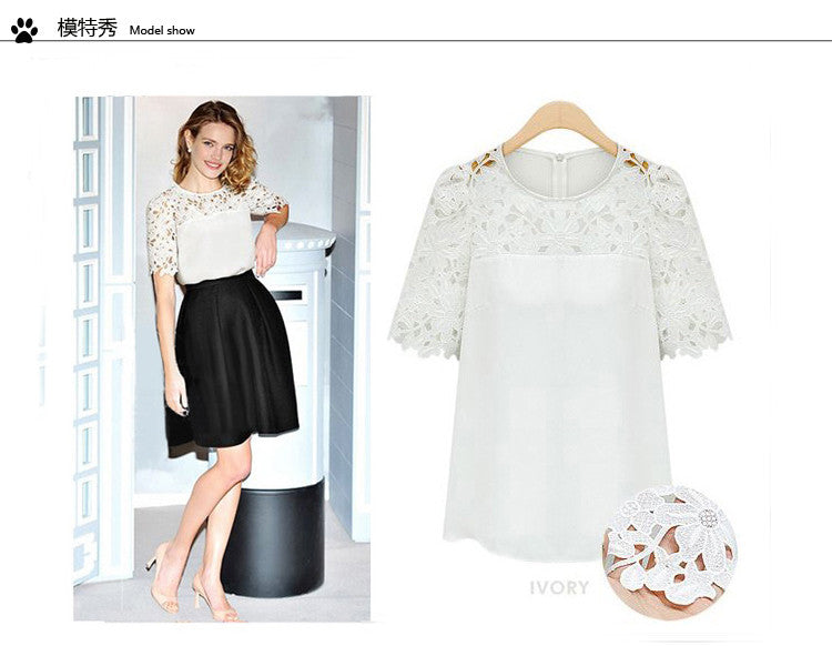 Lace Patchwork Short Sleeves Scoop Hollow Out Chiffon Blouse - Oh Yours Fashion - 3