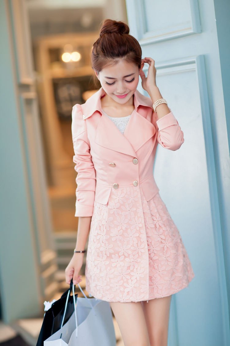 Lace Patchwork Turn-down Collar Slim Button Mid-length Coat - OhYoursFashion - 4