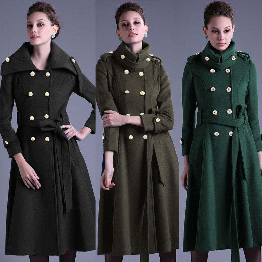 Stand Collar Button Belt Pleated Long Coat - Oh Yours Fashion - 1