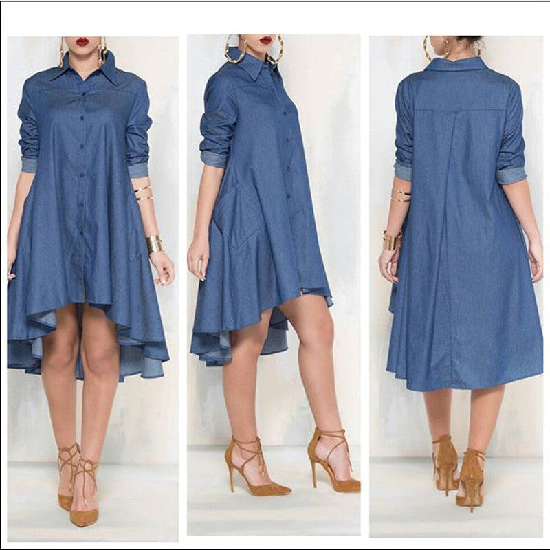 Casual Denim Blue Pockets Shirt Irregular Loose Dress - Oh Yours Fashion - 1