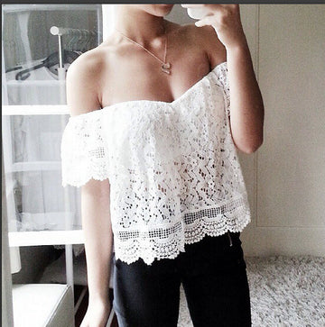 Strapless Off-shoulder Lace Hollow Out Casual Short Sleeves Blouse - Oh Yours Fashion - 1