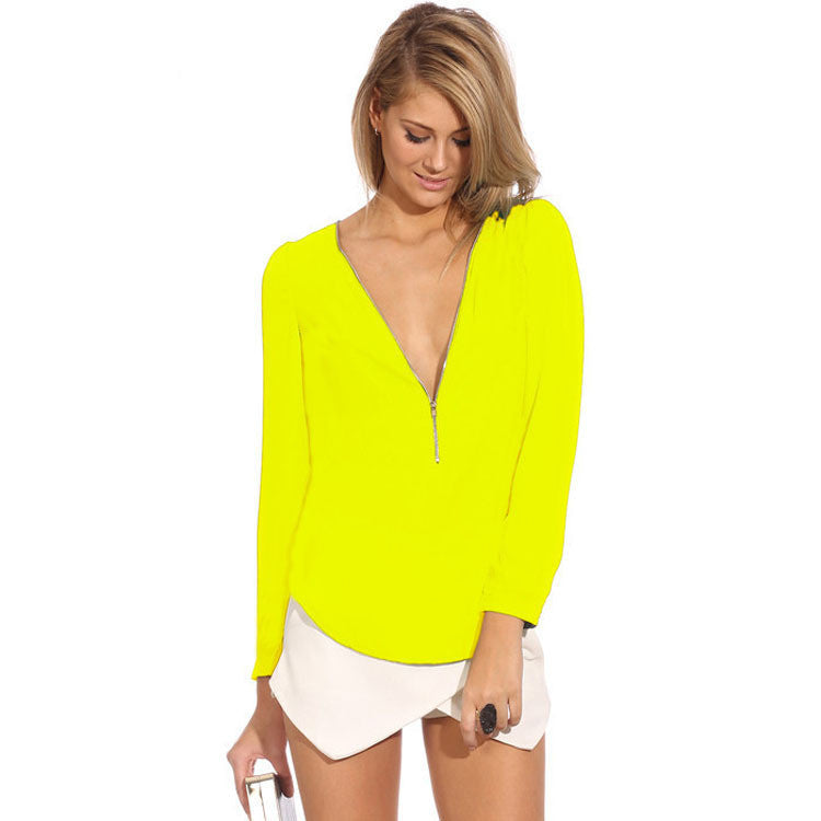 Deep V-neck Long Sleeves Slim Pure Color Zipper Chiffon Blouse - Oh Yours Fashion - 1