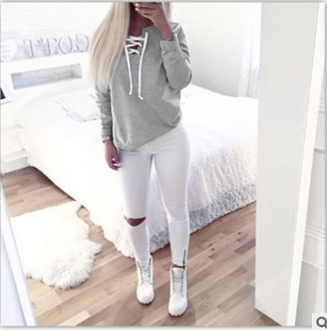 Pure Color Round Lace Up Long Sleeves Sweatshirt
