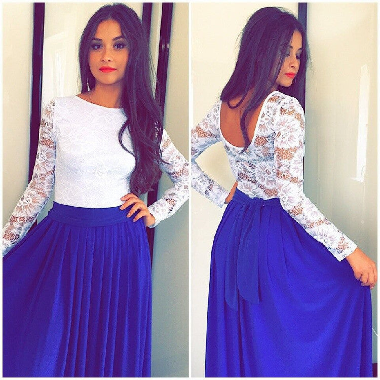 Lace High-waist Long Sleeves Pleated Splicing Long Dress - Oh Yours Fashion - 5