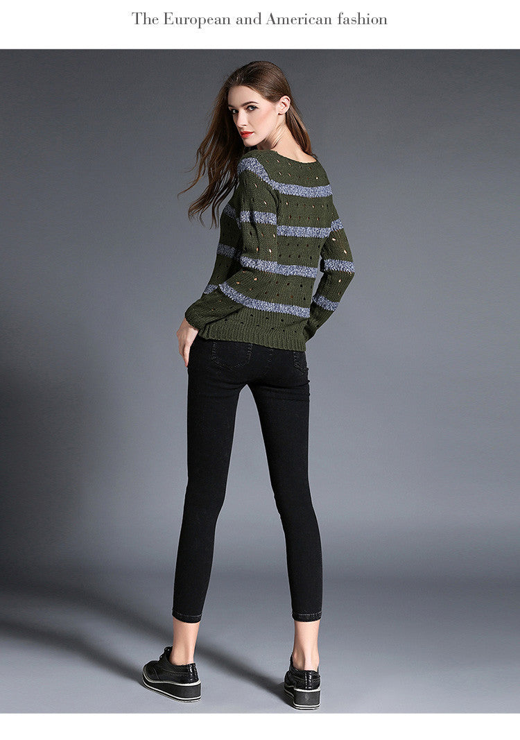 Fashion Stripe Hollow Out Pullovers Knitwear Sweater - Oh Yours Fashion - 6