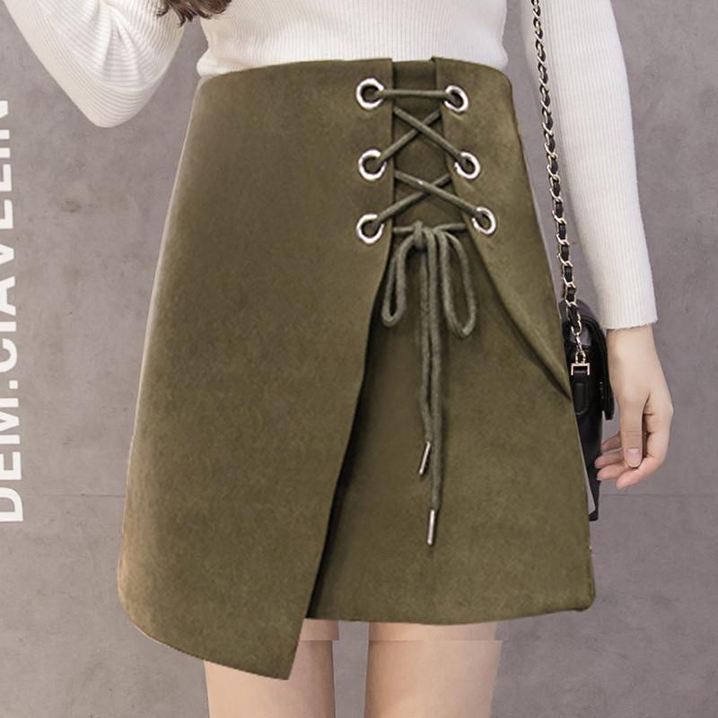Suede Pure Color Lace Up Irregular A-line Short Skirt