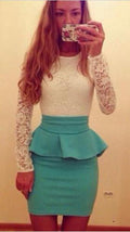 Long Sleeve Lace Splicing Bodycon Slim Fitting Short Dress - OhYoursFashion - 3